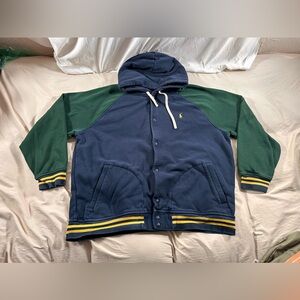 Polo Ralph Lauren Fleece Hooded Basketball Jacket Navy Green Y2K Boxy 2XL Retro